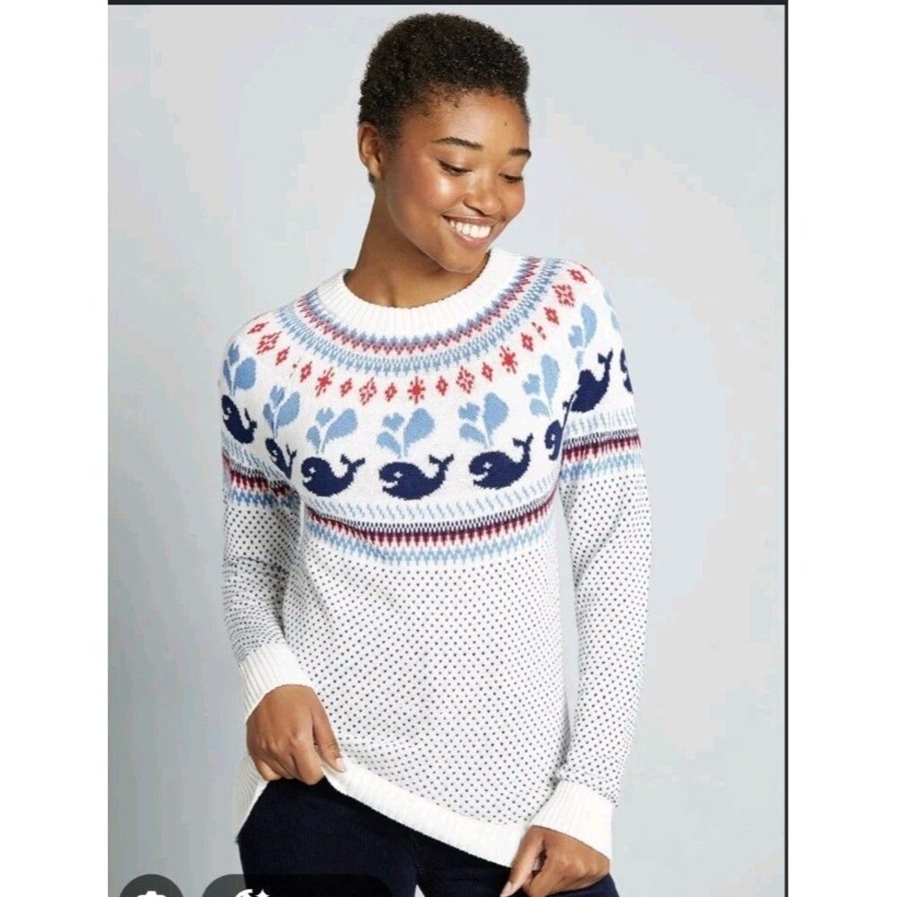 Modcloth Sailing With Whales Fair Isle Knit Sweater Cream Icelandic Style Sz 1X